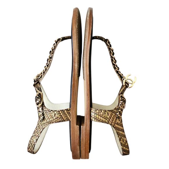 Chanel CC Chain Thong Fantasy Goatskin Sandal Black Gold Size 37.5 C US 6.5 7 - Picture 6 of 14